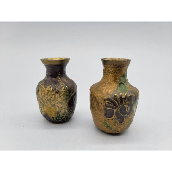 Pair Brass Enamel Floral Cloisonne Vases Miniature 2 inches - Picture 5 of 12